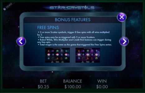 Star Crystals Slot Machine Free Spins Bonus Screen