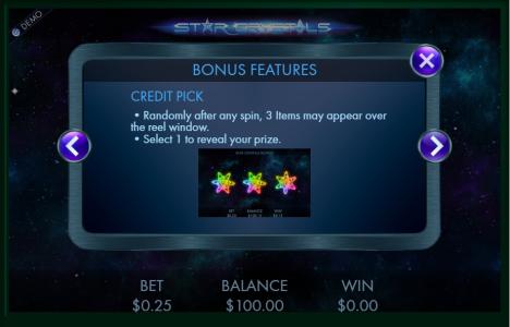 Star Crystals Slot Machine Bonus Features Screen