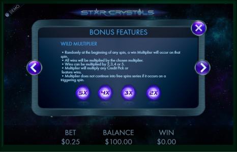 Star Crystals Slot Machine Bonus Features Screen