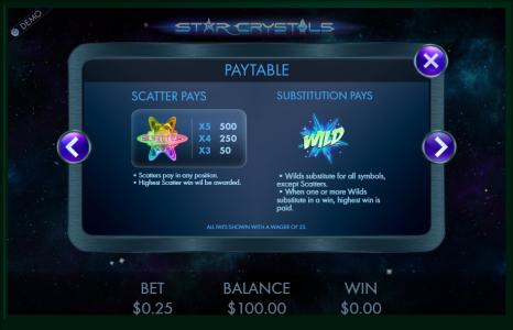 Star Crystals Slot Machine Scatter Awards and Wild Symbol Screen