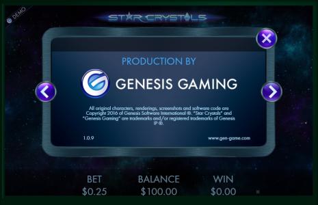 Star Crystals Slot Machine Production Information Screen