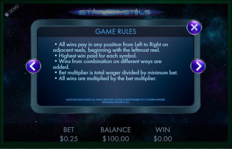Star Crystals Slot Machine Game Rules Screen