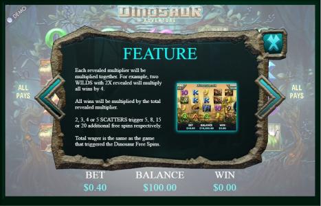 Dinosaur Adventure Slot Machine Scatter Awards and Wild Symbol Screen