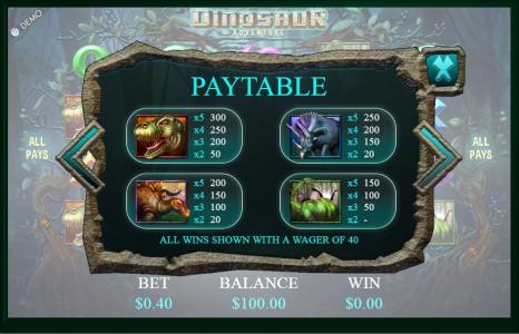 Dinosaur Adventure Slot Machine Paytable Screen