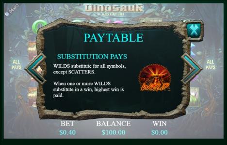 Dinosaur Adventure Slot Machine Wild Symbol Screen