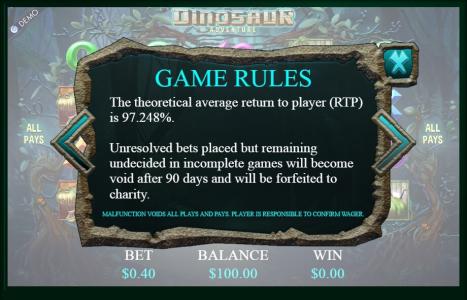 Dinosaur Adventure Slot Machine Game Rules Screen