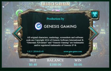 Dinosaur Adventure Slot Machine Production Information Screen