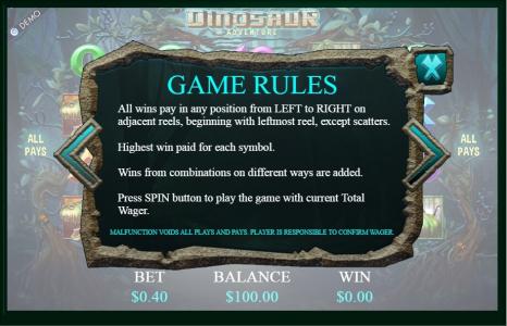 Dinosaur Adventure Slot Machine Game Rules Screen