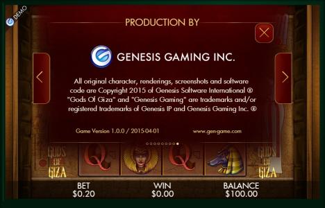 Gods Of Giza Slot Machine Production Information Screen