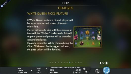 Clash of Queens Slot Machine White Queen Picks Feature Information Screen