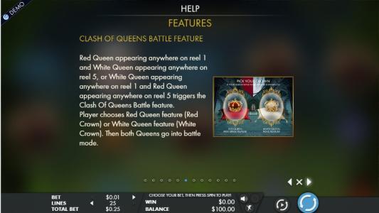 Clash of Queens Slot Machine Clash of Queens Battle Feature Information Screen