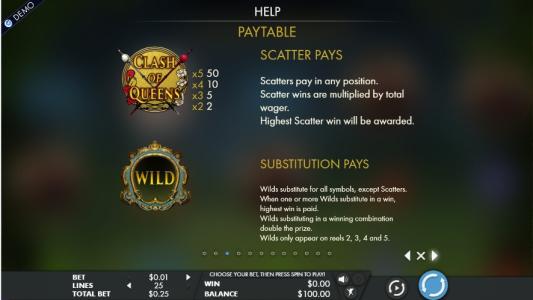 Clash of Queens Slot Machine Scatter Awards and Wild Symbol Screen