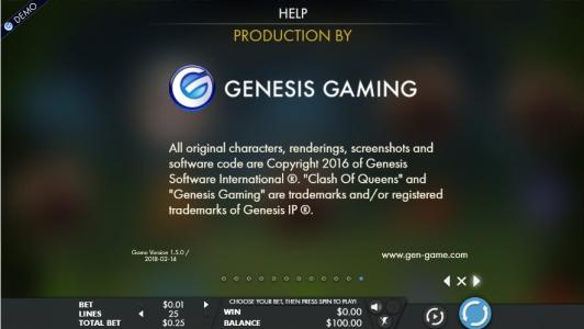 Clash of Queens Slot Machine Production by Genesis Gaming Information Screen