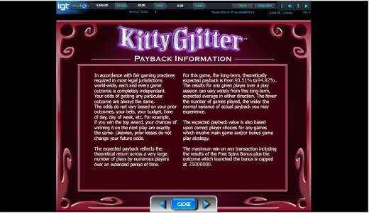 Kitty Glitter Slot Machine Payback Information Screen