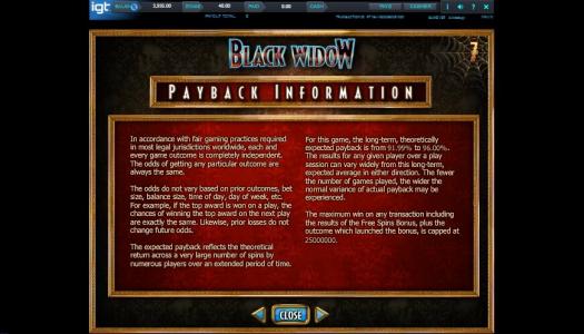 Black Widow Slot Machine Payback Information Screen