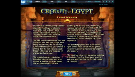Crown of Egypt Slot Machine Jurisdictional Information Screen