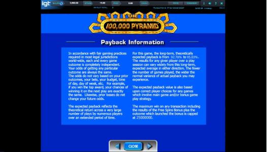 The 100,000 Pyramid Slot Machine Payback Information Screen