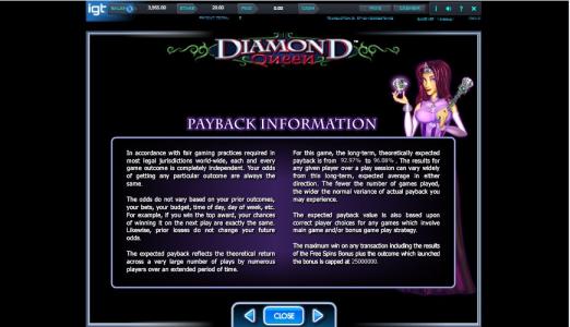 Diamond Queen Slot Machine Payback Information Screen