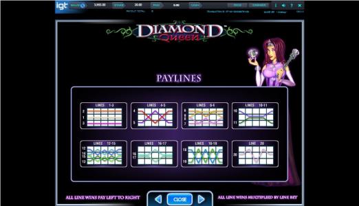 Diamond Queen Slot Machine Paylines Screen
