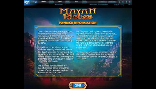 Mayan Riches Slot Machine Payback Informtion Screen