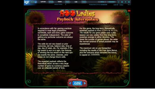 100 Ladies Slot Machine Playback Information Screen