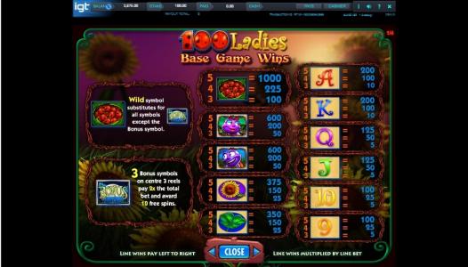 100 Ladies Slot Machine Paytable Screen