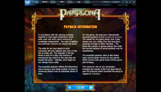 Pamplona Slot Machine Payback Information Screen