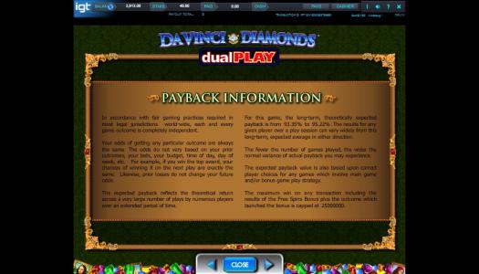 Da Vinci Diamonds Dual Play Slot Machine Playback Information Screen