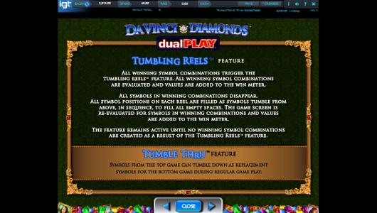 Da Vinci Diamonds Dual Play Slot Machine Tumbling Reels™ Feature Screen