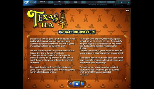 Texas Tea Slot Machine Playback Information Screen