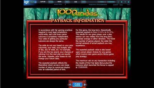 100 Pandas Slot Machine Playback Information Screen