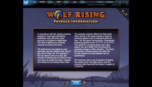 Wolf Rising Slot Machine Playback Information Screen