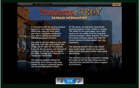 Treasures of Troy Slot Machine Playback Information Screen