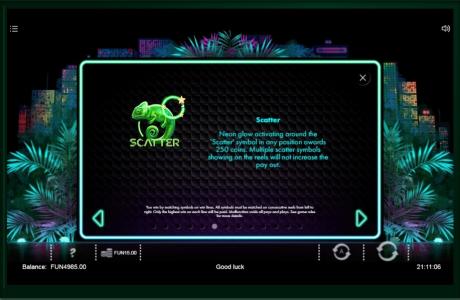 Neon Jungle Slot Machine Scatter Awards and Wild Symbol Screen
