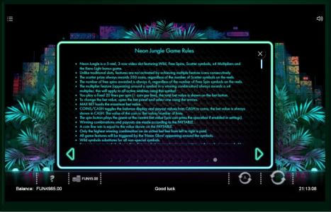 Neon Jungle Slot Machine Game Rules Screen