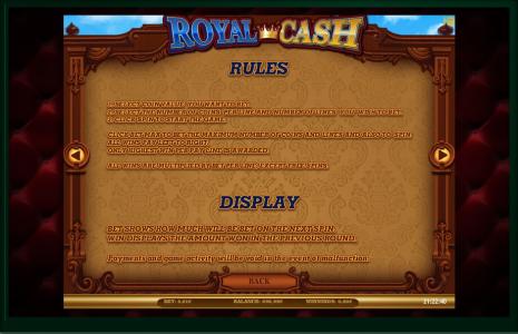 Royal Cash Slot Machine Rules and Display Information Screen