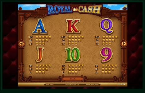 Royal Cash Slot Machine Paytable Screen