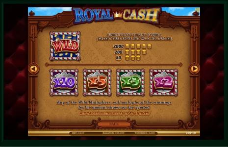 Royal Cash Slot Machine Wild Multipliers and Substitutes Screen