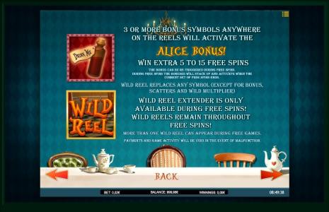 Alice Adventure Slot Machine Alice Bonus and Wild Reel Screen