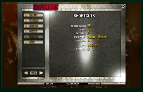 Rambo Slot Machine Shortcuts Screen