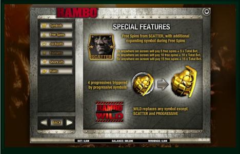 Rambo Slot Machine Special Features Screen