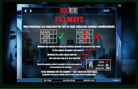 Basic Instinct Slot Machine 243 Ways Paylines Screen