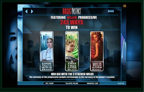 Basic Instinct Slot Machine Wild Symbol and Free Spins Screen