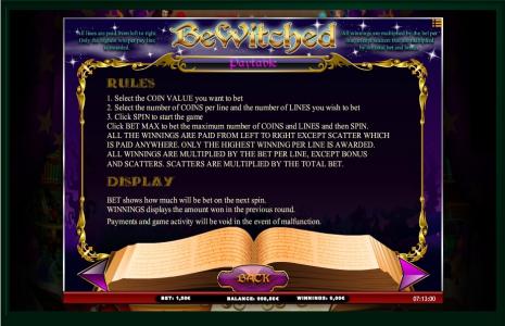 Bewitched Slot Machine Game Controls and Shortcuts Screen
