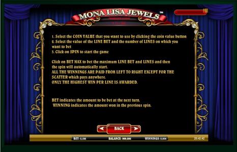 Mona Lisa Jewels Slot Machine Game Rules and Instructions Screen