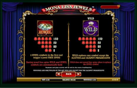 Mona Lisa Jewels Slot Machine Paytable Screen