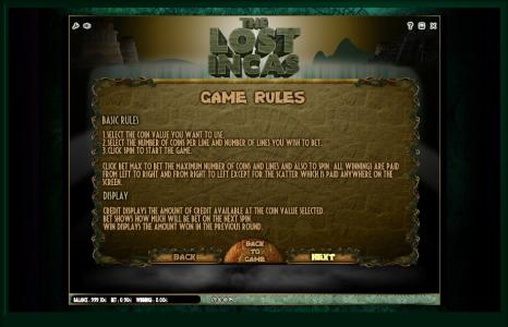 The Lost Incas Slot Machine Game Rules and Instructions Screen