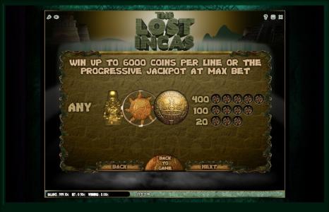 The Lost Incas Slot Machine Progressive Jackpot Information Screen