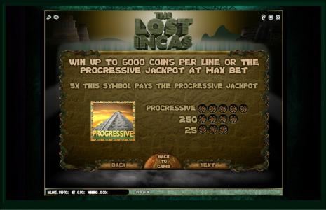 The Lost Incas Slot Machine Paytable and Progressive Jackpot Information Screen