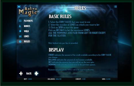 Astro Magic Slot Machine Basic Rules Screen